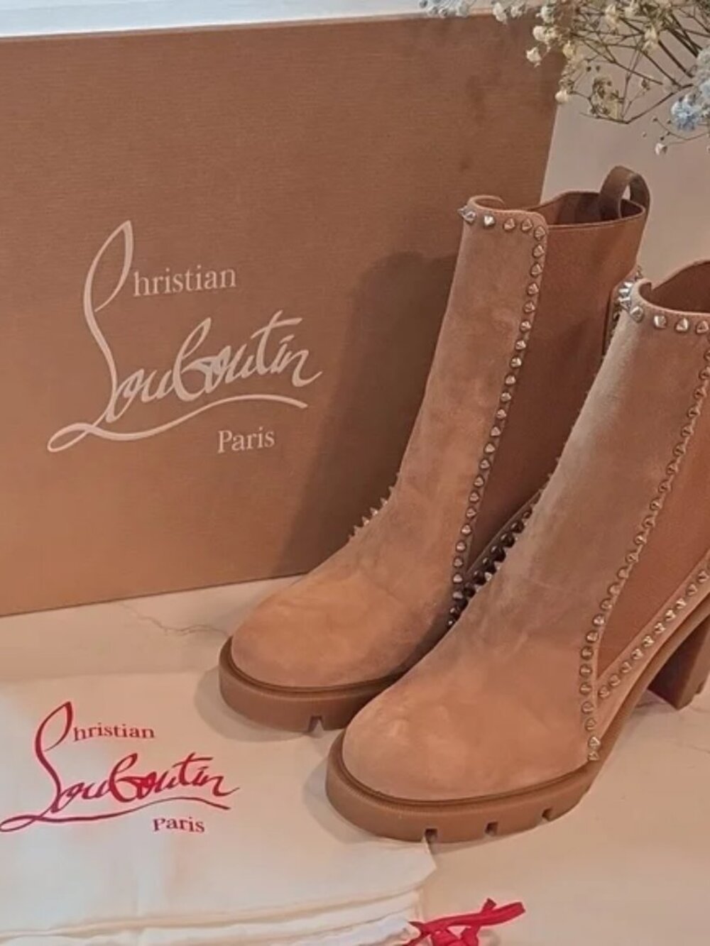Christian Louboutin Tan Suede Stud-Trim Chunky Chelsea Boot